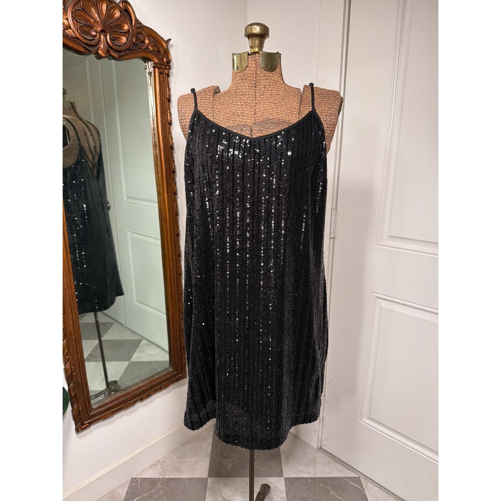 1.STATE Womens Black Sequin V-Neck Mini Dress Crisscross Back Size L